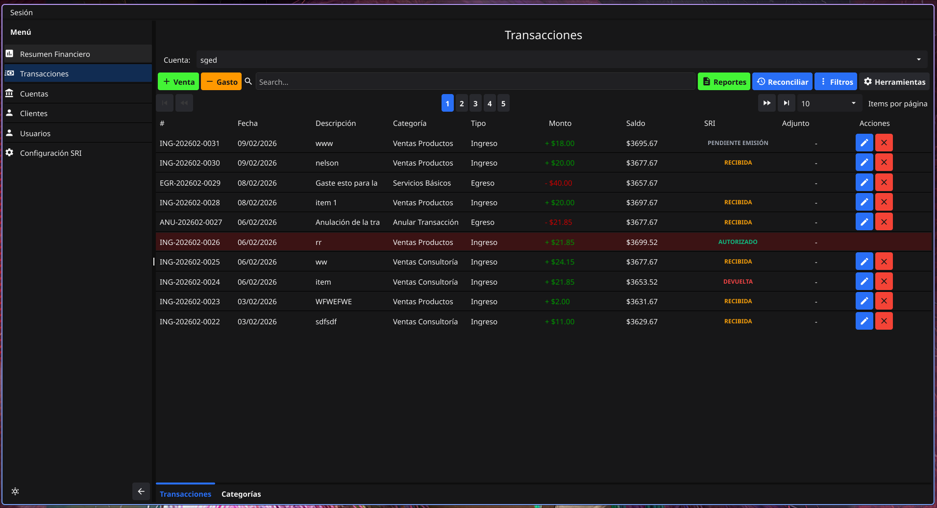 Pestaña Transacciones